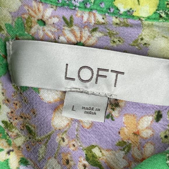 LOFT Floral Crepe Patchwork Top Women Large Blouse Colorful Ditsy Balloon Sleeve - Picture 10 of 14